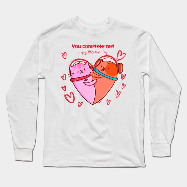 You complete me ! Happy valentines day. Cat and Dog heart Long Sleeve T-Shirt by Frispa